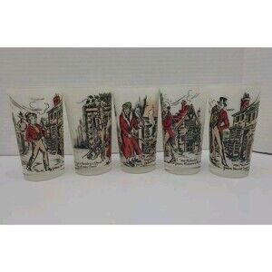 Set 5 Vintage Hazel-Atlas Frosted Tumblers Drinking Glasses Dickens Scrooge